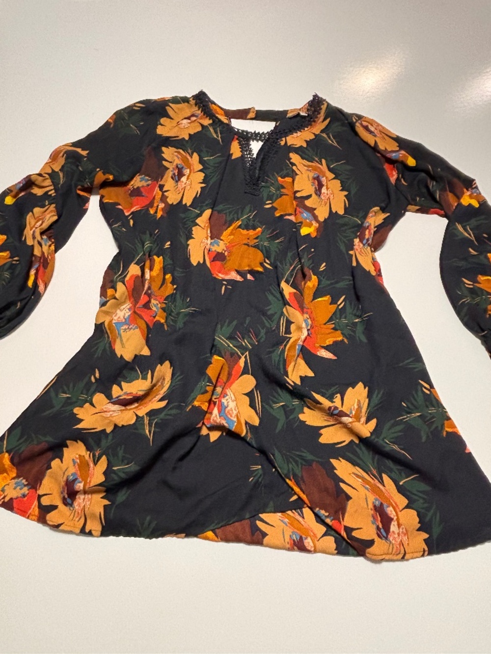 Womens Umgee+ Navy Blue and Orange Floral Long Sleeve Boho Flowy Dress Size XL